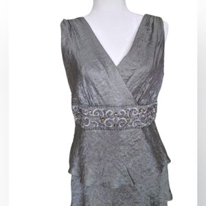 R&M Richards Silver Tone Evening Cocktail Maxi Dress Beaded Spark Sleeveless 12